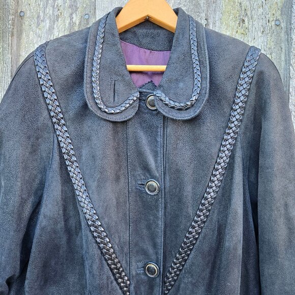 Vintage Black Leather Trench Coat jacket Womens Size L Braided Trim Mid Length - Picture 2 of 14